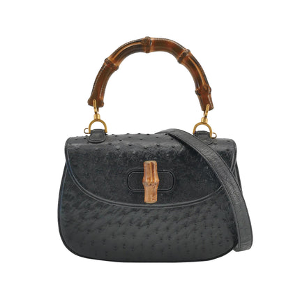 Rare Gucci Bamboo 1947 Vintage Ostrich Leather Medium Black With Strap-Luxbags
