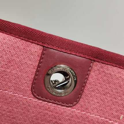 Chanel Deauville Tote Red Cloth Leather Chain Strap Small 34cm