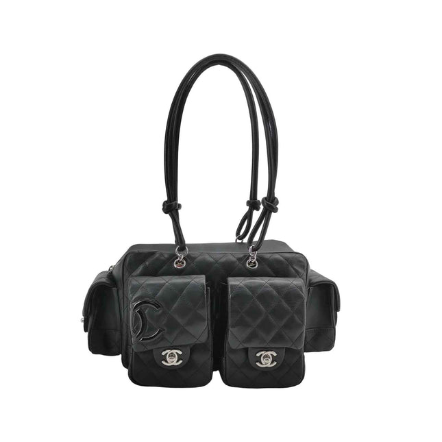 Chanel Cambon Multi-pocket Ligne Reporter Bag Medium Black CC on Black Calfskin Leather