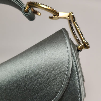 Sac Dior Saddle Mini Bleu Gris Soie avec Boucles Incrustées de Cristaux