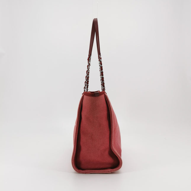 Chanel Deauville Tote Red Cloth Leather Chain Strap Small 34cm