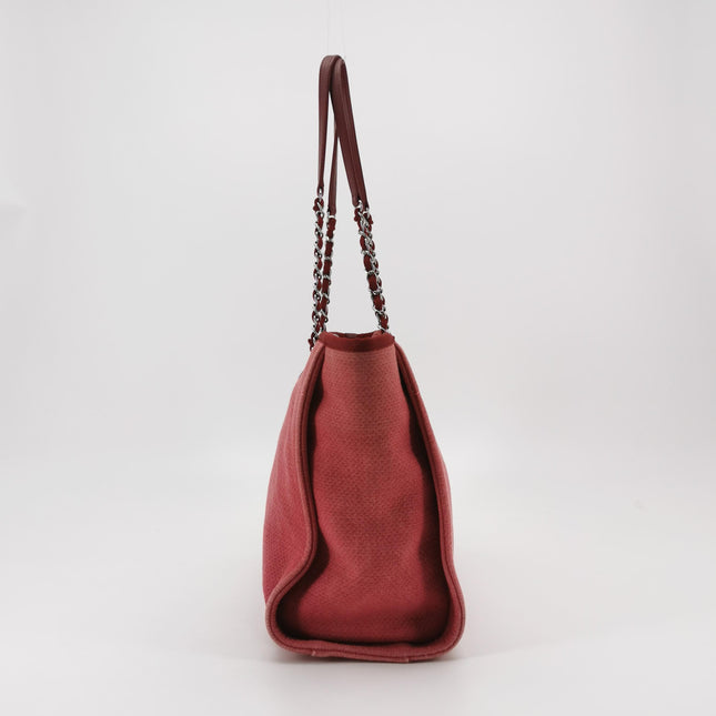 Chanel Deauville Tote Red Cloth Leather Chain Strap Small 34cm