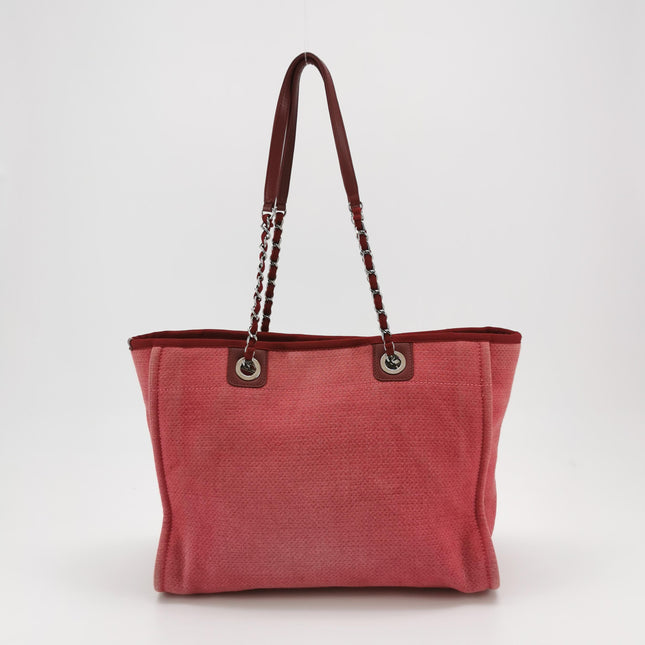 Chanel Deauville Tote Red Cloth Leather Chain Strap Small 34cm