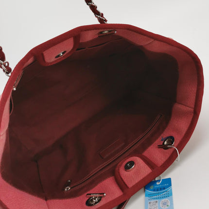Chanel Deauville Tote Red Cloth Leather Chain Strap Small 34cm