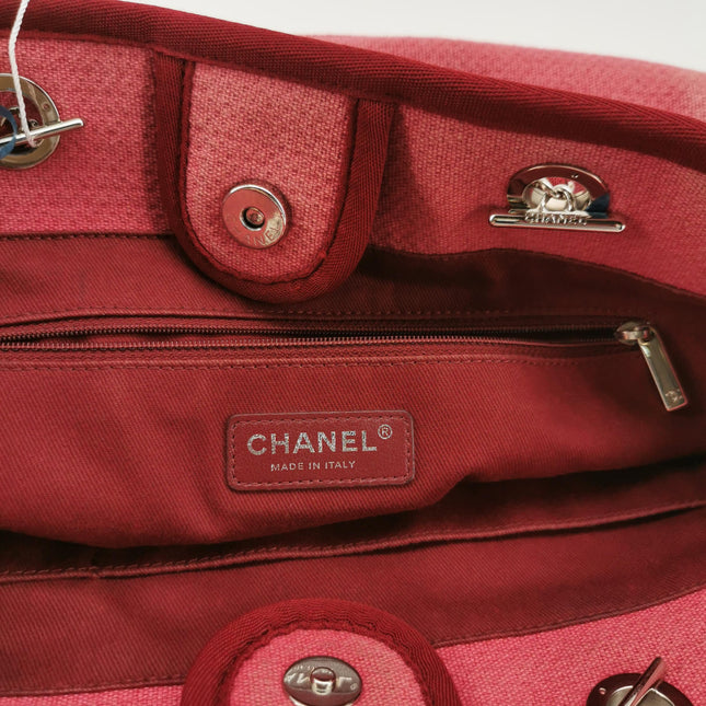 Chanel Deauville Tote Red Cloth Leather Chain Strap Small 34cm