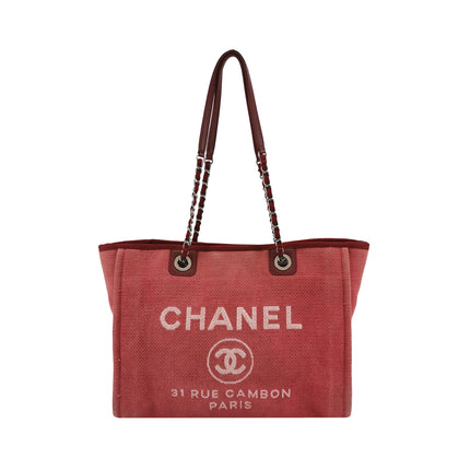 Chanel Deauville Tote Red Cloth Leather Chain Strap Small 34cm