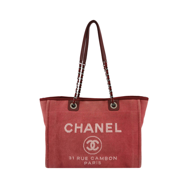 Chanel Deauville Tote Red Cloth Leather Chain Strap Small 34cm-Luxbags
