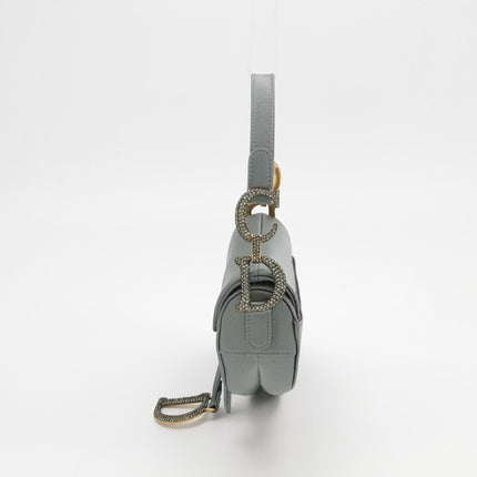 Sac Dior Saddle Mini Bleu Gris Soie avec Boucles Incrustées de Cristaux