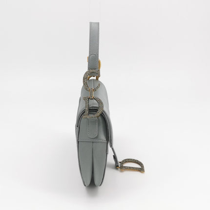 Sac Dior Saddle Mini Bleu Gris Soie avec Boucles Incrustées de Cristaux