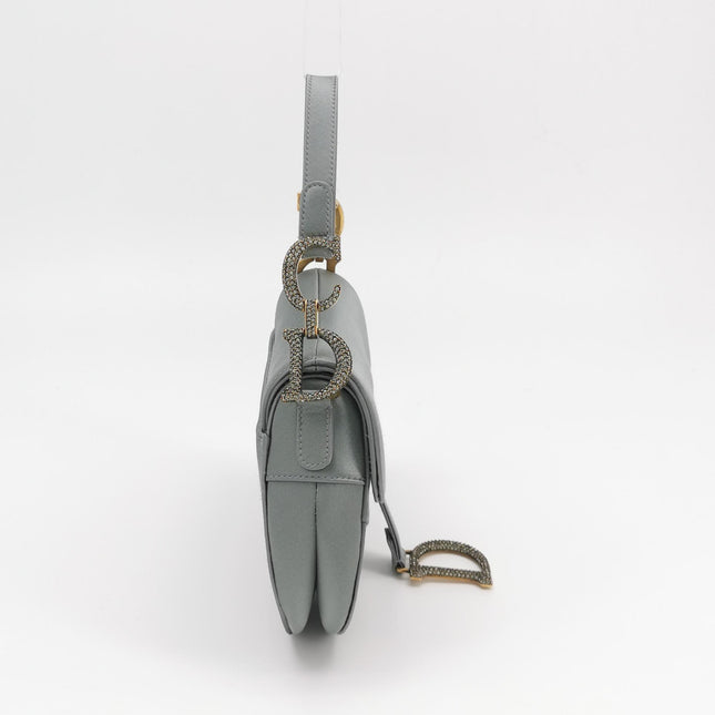 Dior Saddle Mini Silk Blue Grey with Crystal Embedded Buckles