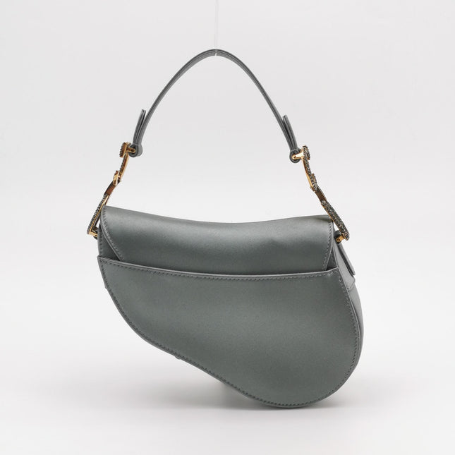 Dior Saddle Mini Silk Blue Grey with Crystal Embedded Buckles