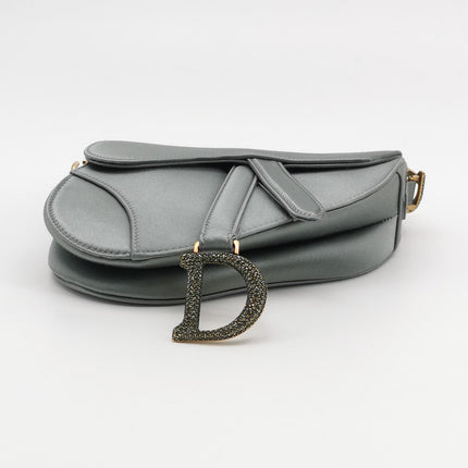 Sac Dior Saddle Mini Bleu Gris Soie avec Boucles Incrustées de Cristaux