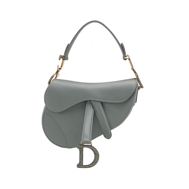 Dior Saddle Mini Silk Blue Grey with Crystal Embedded Buckles-Luxbags