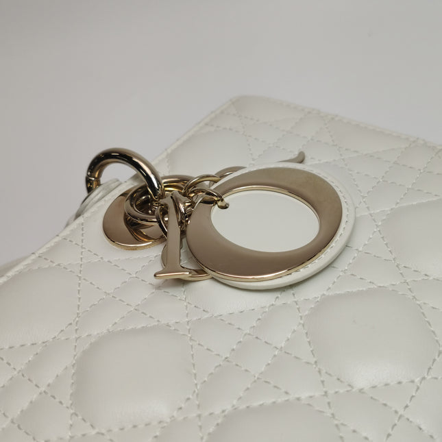 Lady D-Joy Medium White Lambskin Leather Gold Hardware with Strap