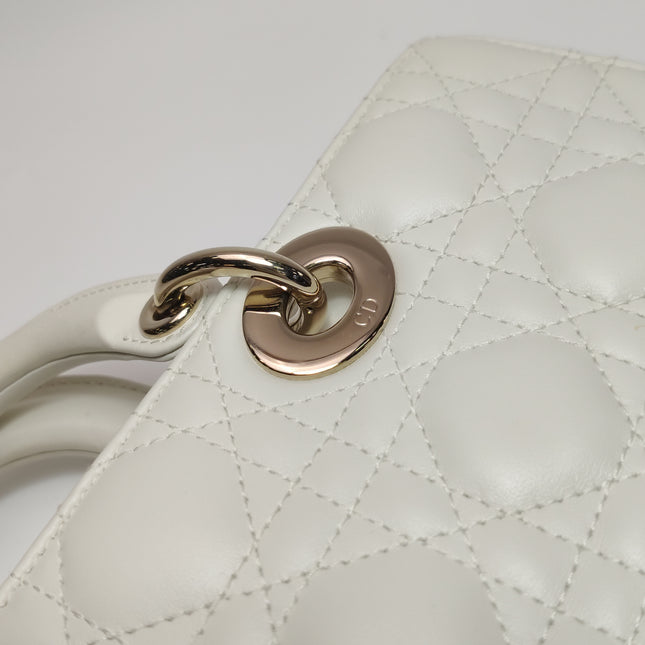 Lady D-Joy Medium White Lambskin Leather Gold Hardware with Strap