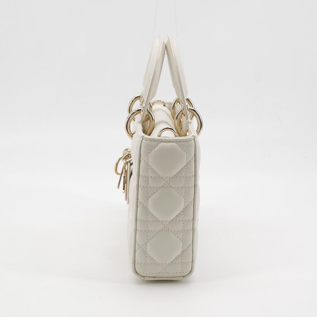 Lady D-Joy Medium White Lambskin Leather Gold Hardware with Strap