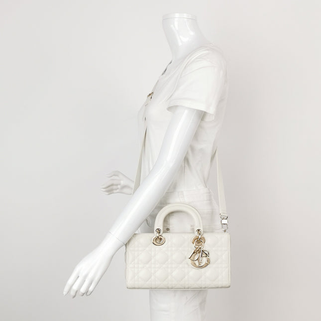 Lady D-Joy Medium White Lambskin Leather Gold Hardware with Strap