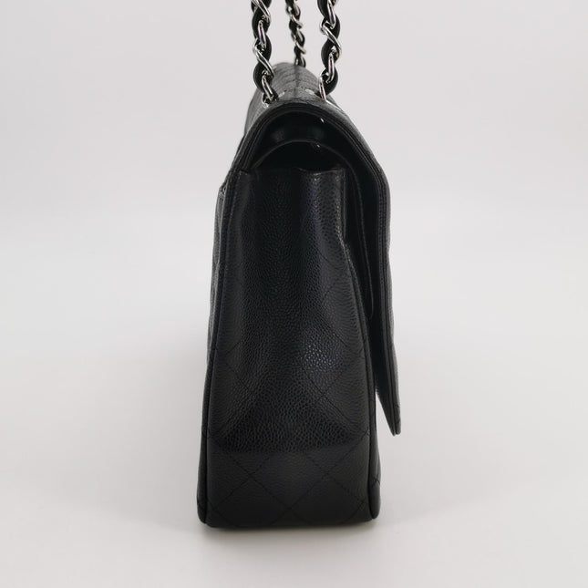 Chanel Classic Flap Maxi 2011 Black Caviar Leather Double Flap Silver Hardware