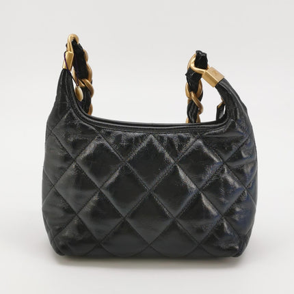 Chanel CC Chunky Chain Small Hobo Bag Black Shiny Crumbled Lambskin Quilted Leather