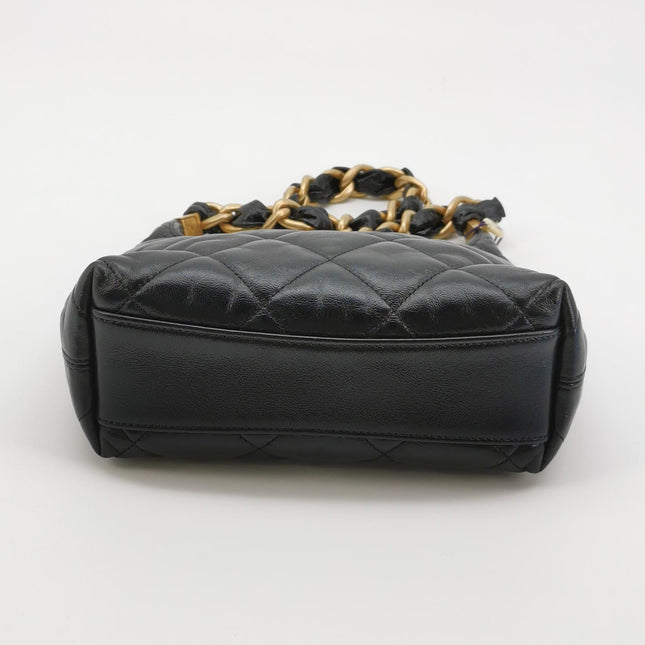 Chanel CC Chunky Chain Small Hobo Bag Black Shiny Crumbled Lambskin Quilted Leather