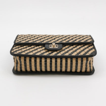 Chanel Medium Raffia Jute Striped Flap Bag Black Diamond Wild Stitch