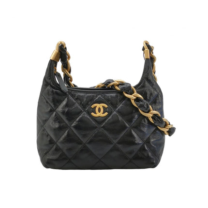 Chanel CC Chunky Chain Small Hobo Bag Black Shiny Crumbled Lambskin Quilted Leather