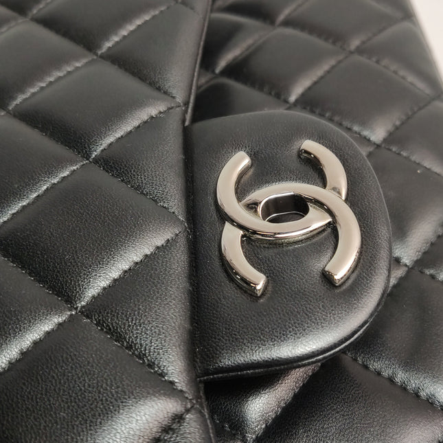 Chanel Classic Flap Maxi Black Lambskin Leather Double Flap Silver Hardware 2012