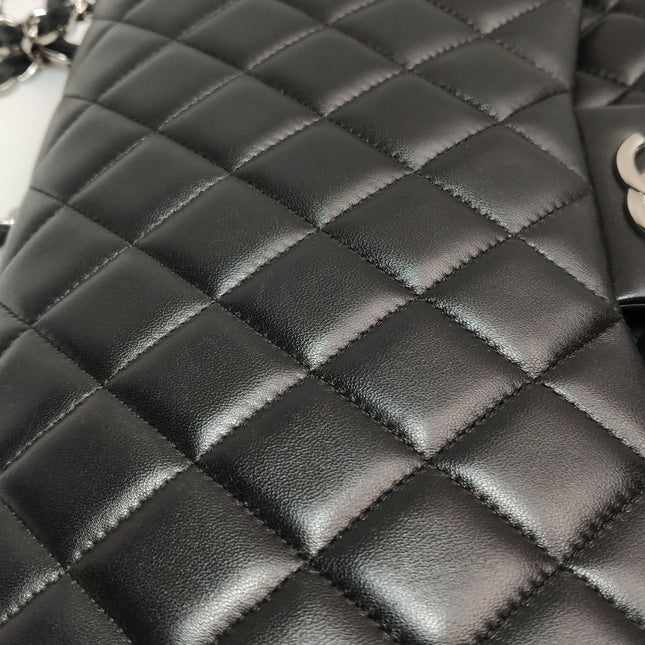 Chanel Classic Flap Maxi Black Lambskin Leather Double Flap Silver Hardware 2012