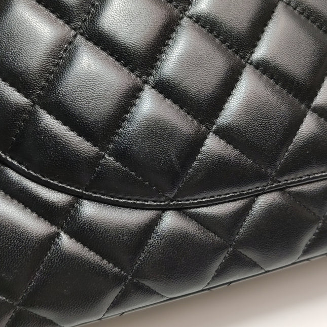 Chanel Classic Flap Maxi Black Lambskin Leather Double Flap Silver Hardware 2012