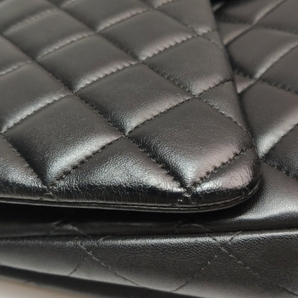 Chanel Classique Grand Modèle Cuir d'Agneau Noir Double Rabat Métal Argenté 2012