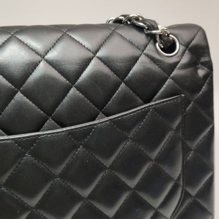 Chanel Classique Grand Modèle Cuir d'Agneau Noir Double Rabat Métal Argenté 2012