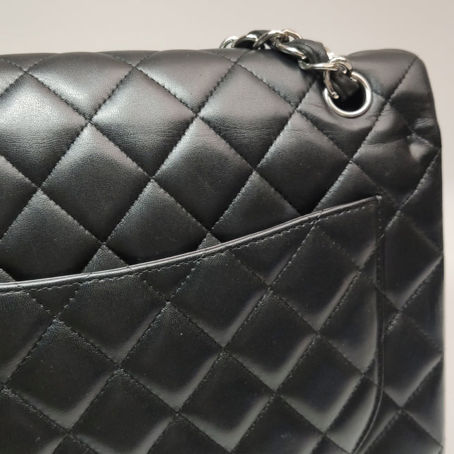 Chanel Classic Flap Maxi Black Lambskin Leather Double Flap Silver Hardware 2012