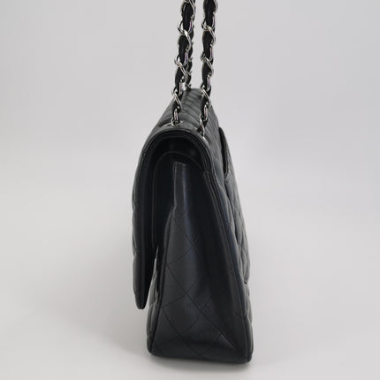 Chanel Classique Grand Modèle Cuir d'Agneau Noir Double Rabat Métal Argenté 2012