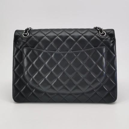 Chanel Classique Grand Modèle Cuir d'Agneau Noir Double Rabat Métal Argenté 2012
