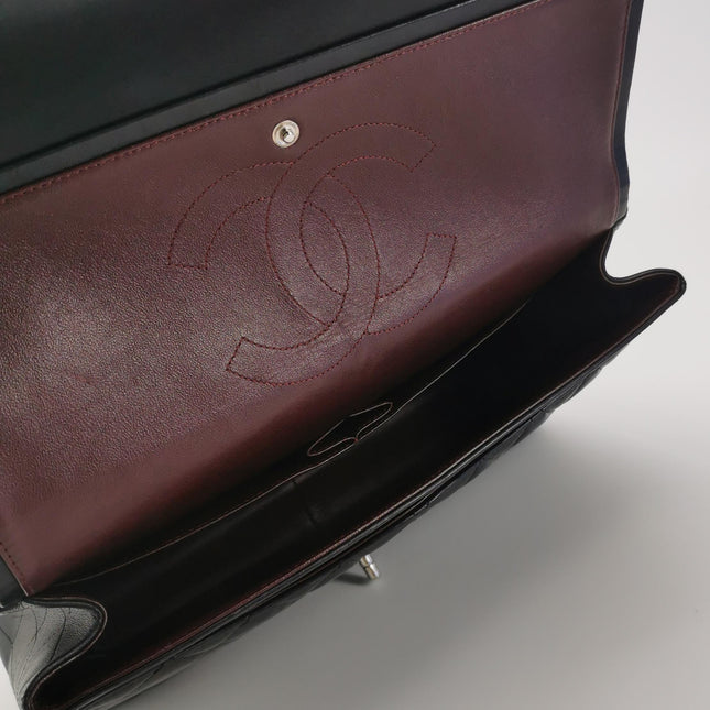 Chanel Classic Flap Maxi Black Lambskin Leather Double Flap Silver Hardware 2012