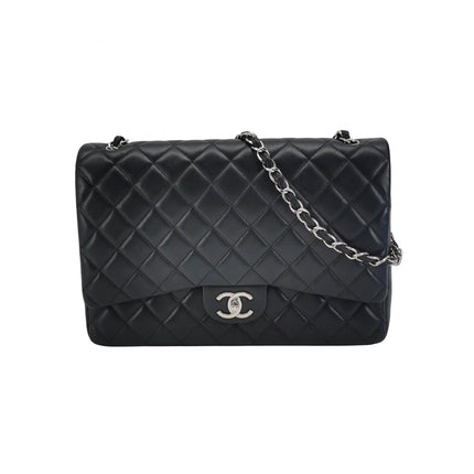 Chanel Classique Grand Modèle Cuir d'Agneau Noir Double Rabat Métal Argenté 2012