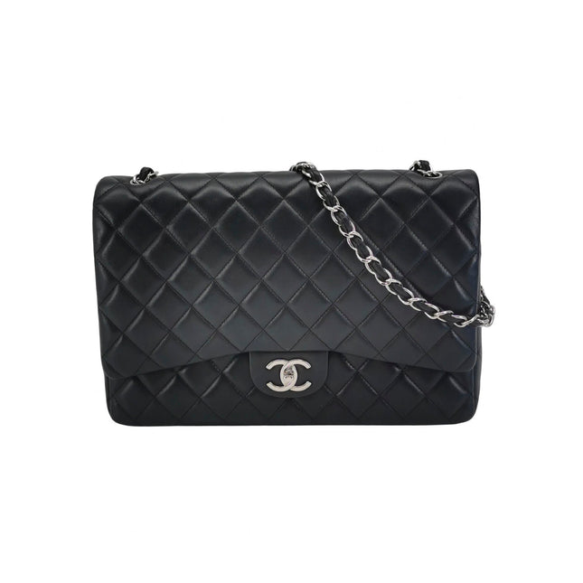 Chanel Classic Flap Maxi Black Lambskin Leather Double Flap Silver Hardware 2012