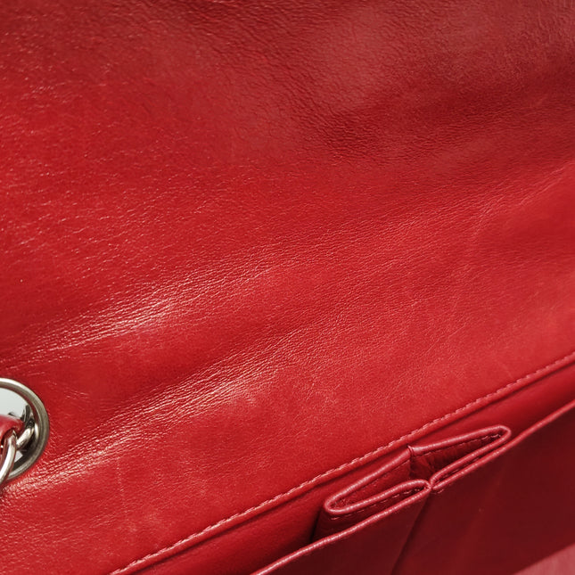 Chanel Baguette Flap Shoulder Bag Red Lambskin Silver Hardware Double Strap