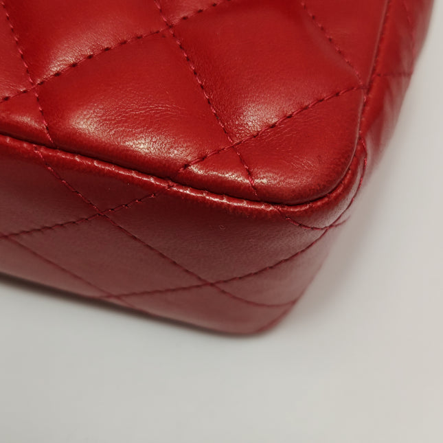 Chanel Baguette Flap Shoulder Bag Red Lambskin Silver Hardware Double Strap