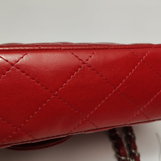 Chanel Baguette Flap Shoulder Bag Red Lambskin Silver Hardware Double Strap