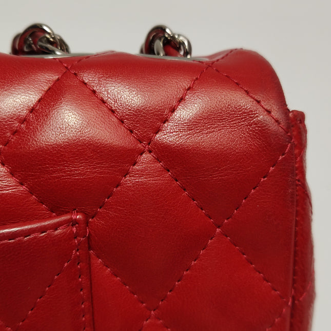 Chanel Baguette Flap Shoulder Bag Red Lambskin Silver Hardware Double Strap