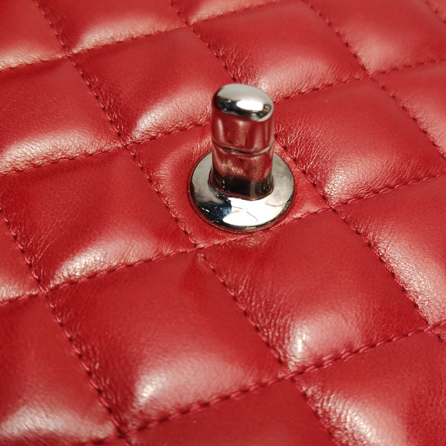 Chanel Baguette Flap Shoulder Bag Red Lambskin Silver Hardware Double Strap