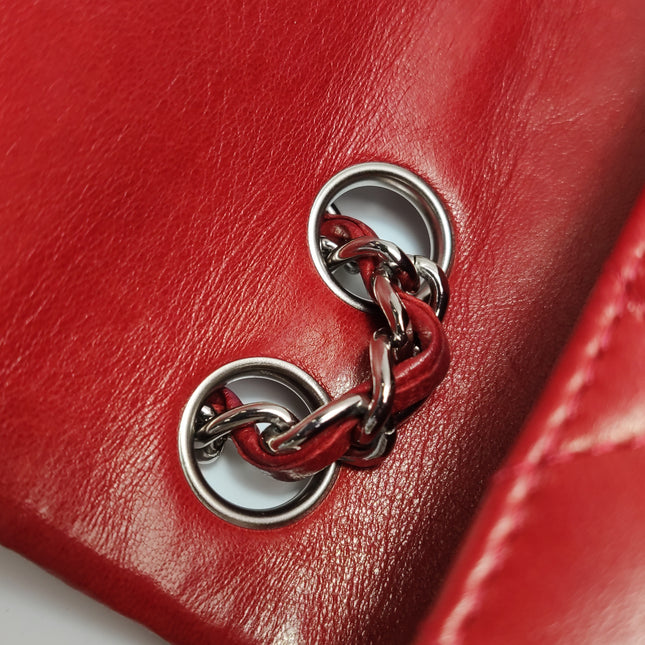 Chanel Baguette Flap Shoulder Bag Red Lambskin Silver Hardware Double Strap