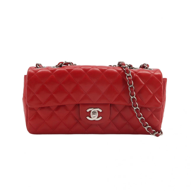 Chanel Baguette Flap Shoulder Bag Red Lambskin Silver Hardware Double Strap