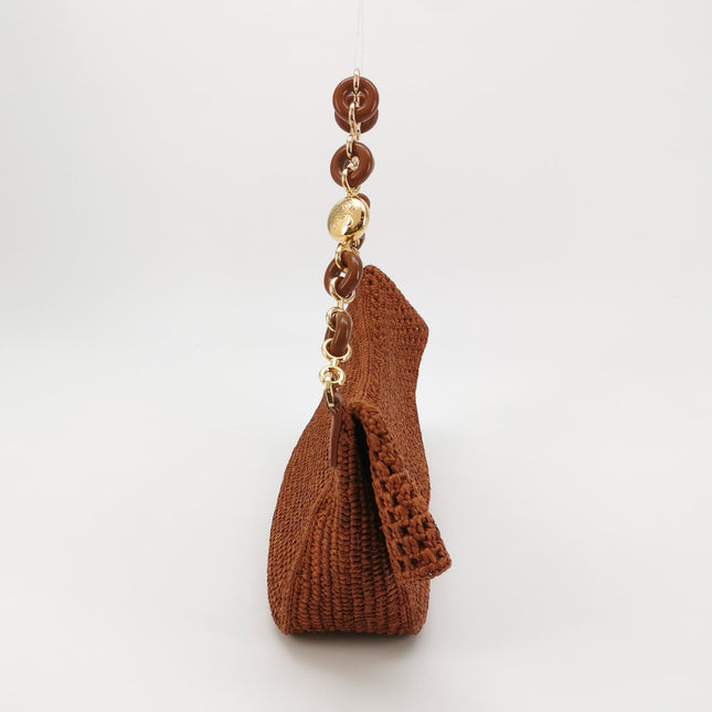 Loewe Paula's Ibiza Ola Medium Caramel Brown Raffia and Calfskin Shoulder Bag