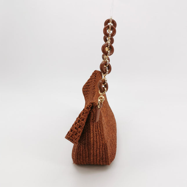 Loewe Paula's Ibiza Ola Medium Caramel Brown Raffia and Calfskin Shoulder Bag