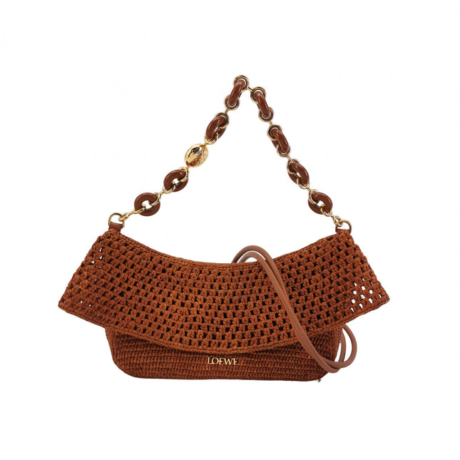 Loewe Paula's Ibiza Ola Medium Caramel Brown Raffia and Calfskin Shoulder Bag-Luxbags