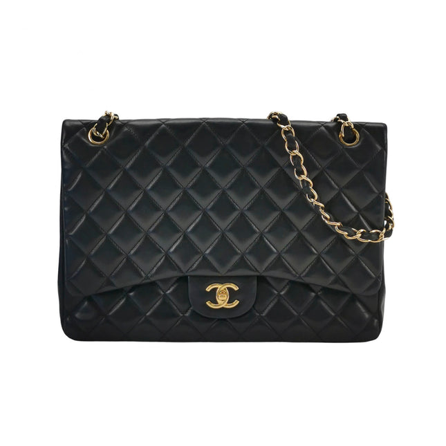 Chanel Classic Flap Maxi 2009 Black Lambskin Leather Single Flap with Gold Hardware-Luxbags
