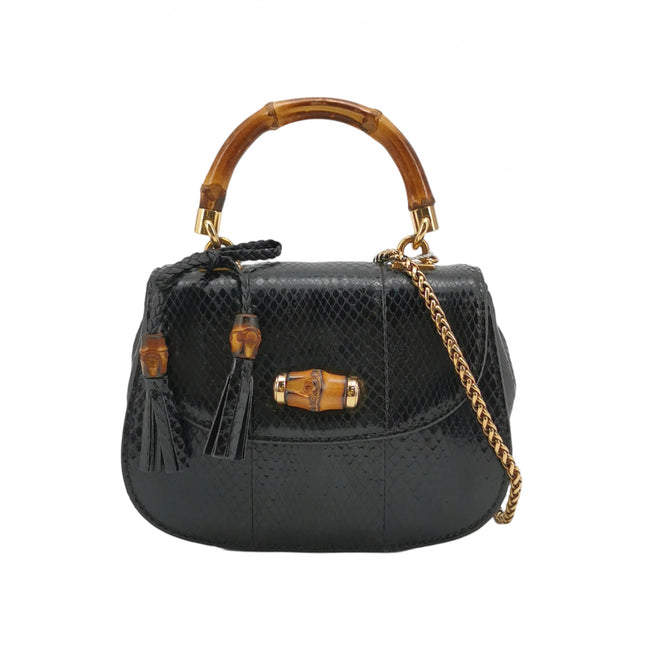 Gucci Bamboo 1947 Night Mini Black Python Snake Skin Evening Bag with Chain