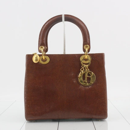 Lady Dior Medium Brown Lizard Skin Leather Handbag with Gold Hardware-Luxbags